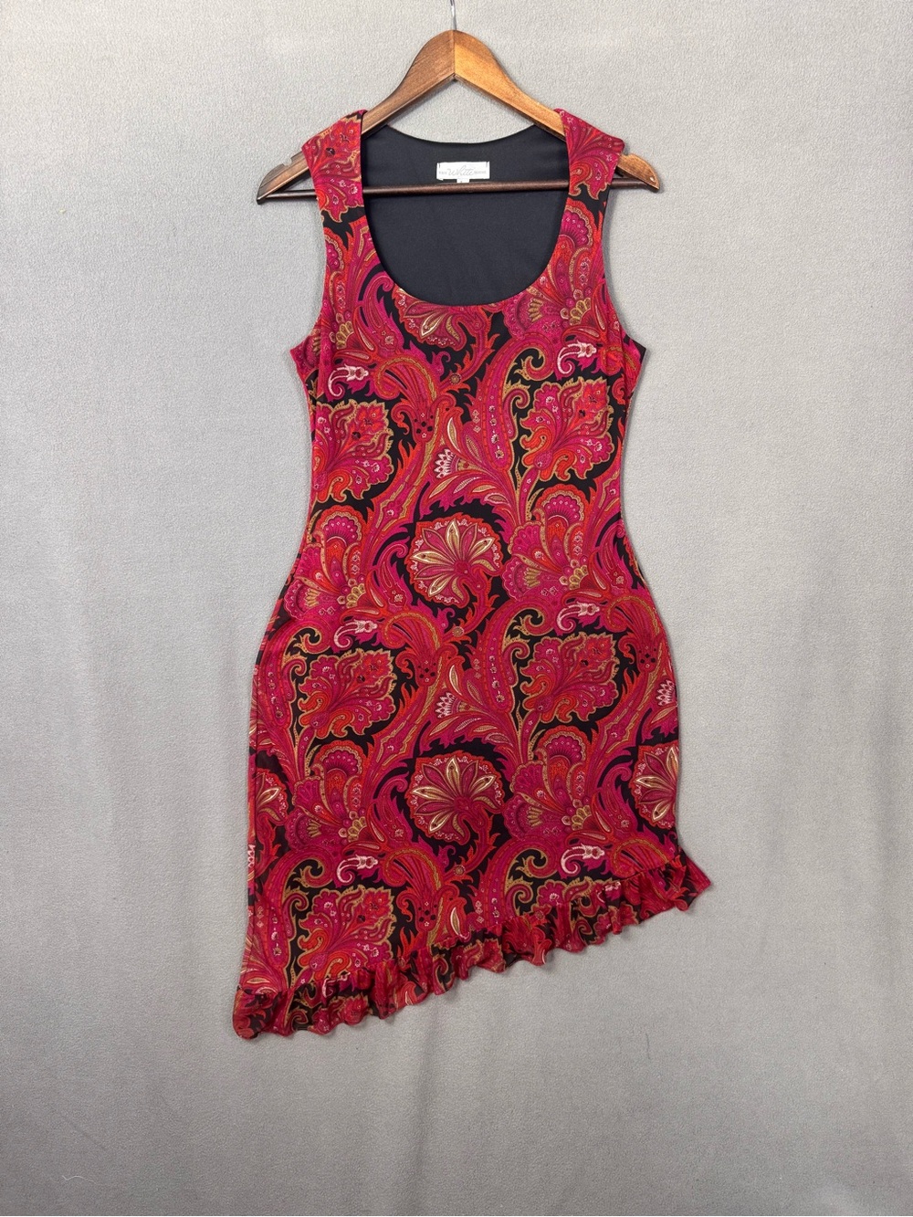 Vintage 90’s Bias Cut Sleeveless Paisley Sheath Dress in Red and Black, Large